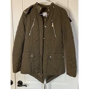 BCBG Green Quilted Moto Utility Anorak Zip Snap Detach Hood Pockets S